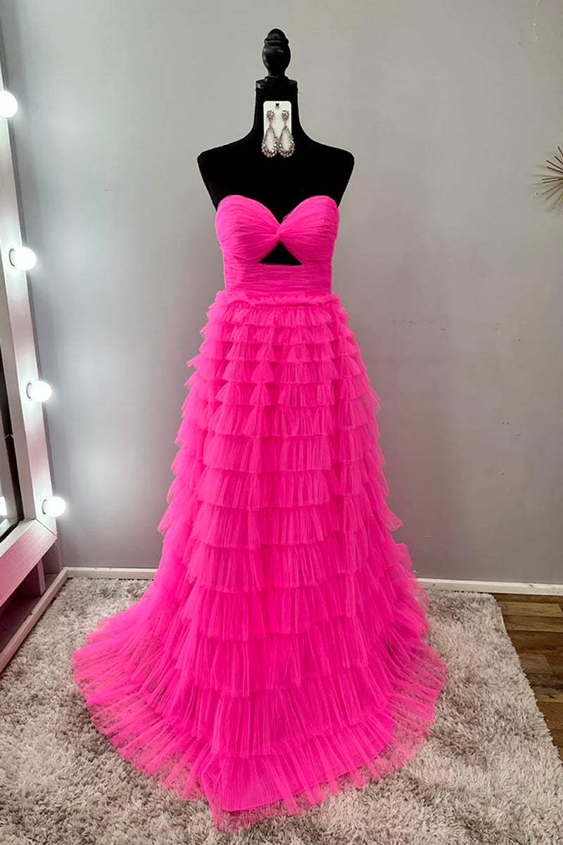 Laden Sie das Bild in den Galerie-Viewer, Rote Herzausschnitt Tüll Gestaffelt Langes Abendkleid