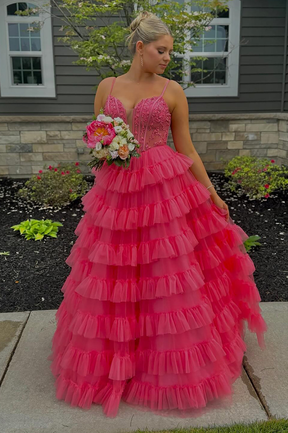 Blumen Rosa Korsett Spaghettiträger Gestreift Langes Abendkleid