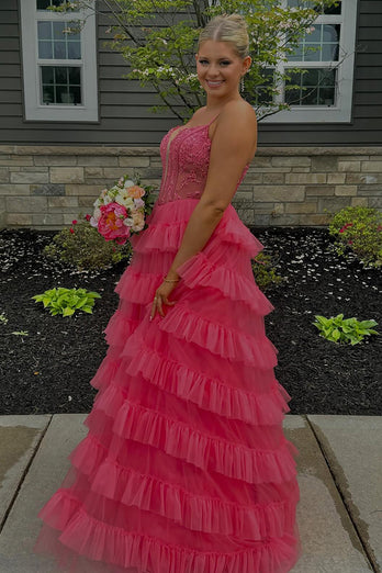 Blumen Rosa Korsett Spaghettiträger Gestreift Langes Abendkleid