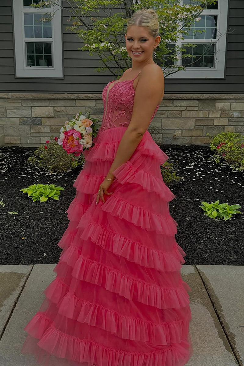 Laden Sie das Bild in den Galerie-Viewer, Blumen Rosa Korsett Spaghettiträger Gestreift Langes Abendkleid