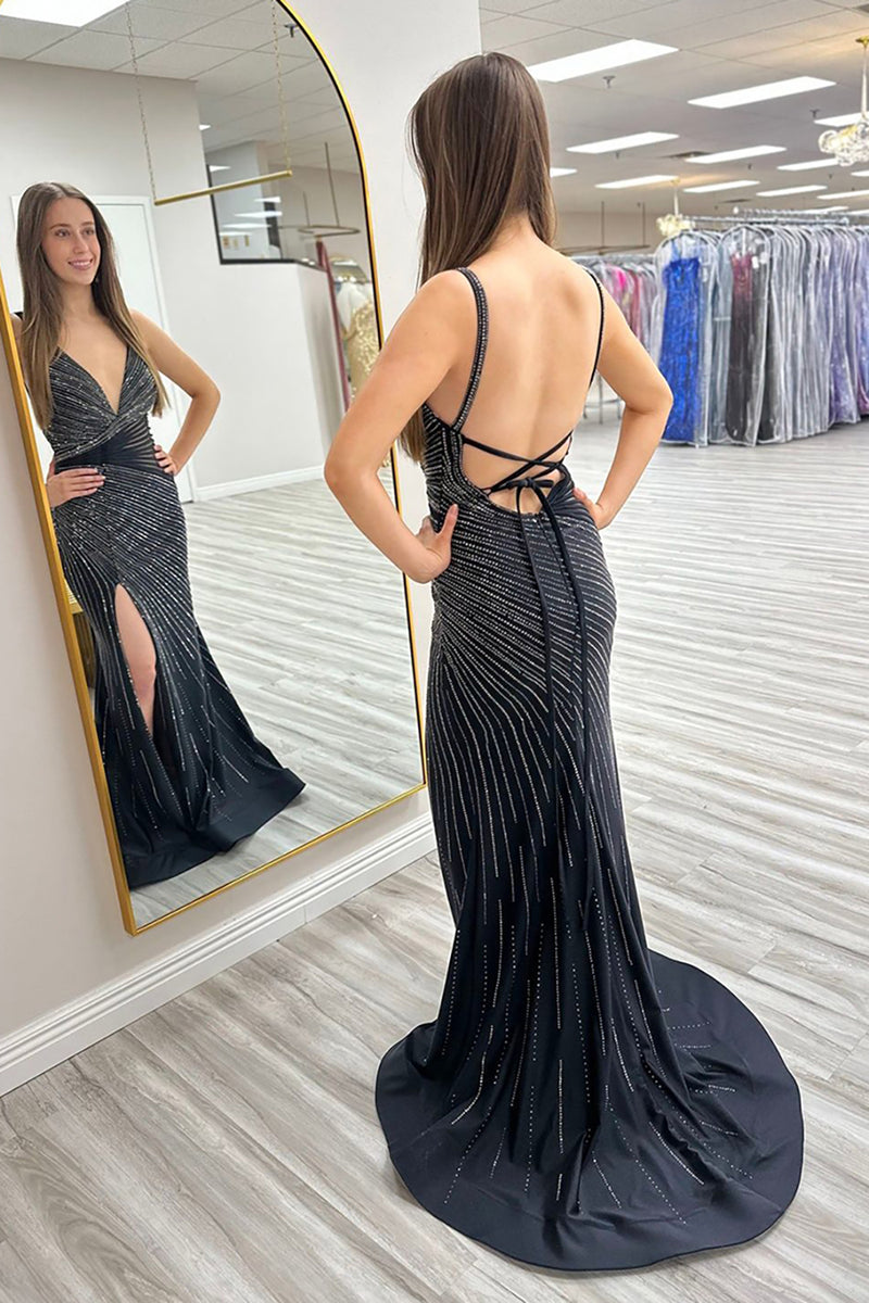 Laden Sie das Bild in den Galerie-Viewer, Glitzer Schwarz Perlen V-Ausschnitt Rückenfrei Langes Abendkleid