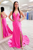 Laden Sie das Bild in den Galerie-Viewer, Fuchsia V-Ausschnitt Satin Rückenfrei Langes Abendkleid mit Schlitz