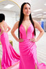 Laden Sie das Bild in den Galerie-Viewer, Fuchsia V-Ausschnitt Satin Rückenfrei Langes Abendkleid mit Schlitz