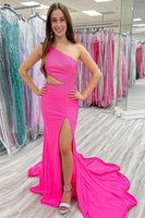 Laden Sie das Bild in den Galerie-Viewer, Glitzer Schwarz Eine Schulter Perlen Satin Langes Abendkleid mit Schlitz