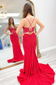 Glitzer Rote Korsett Perlen Spaghettiträgern Langes Abendkleid
