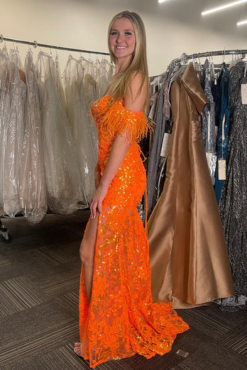 Glitzer Orange Korsett Blumen Schulterfrei Langes Abendkleid mit Federn