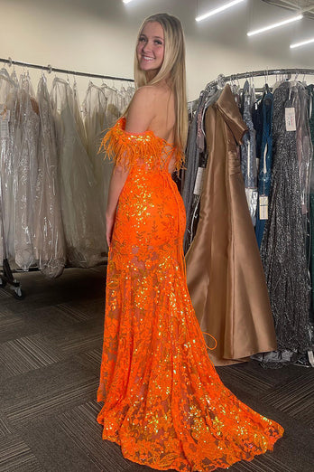 Glitzer Orange Korsett Blumen Schulterfrei Langes Abendkleid mit Federn