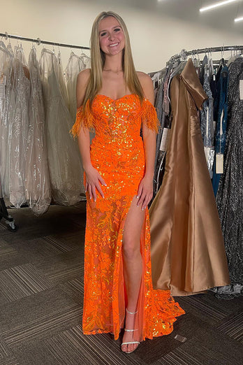 Glitzer Orange Korsett Blumen Schulterfrei Langes Abendkleid mit Federn
