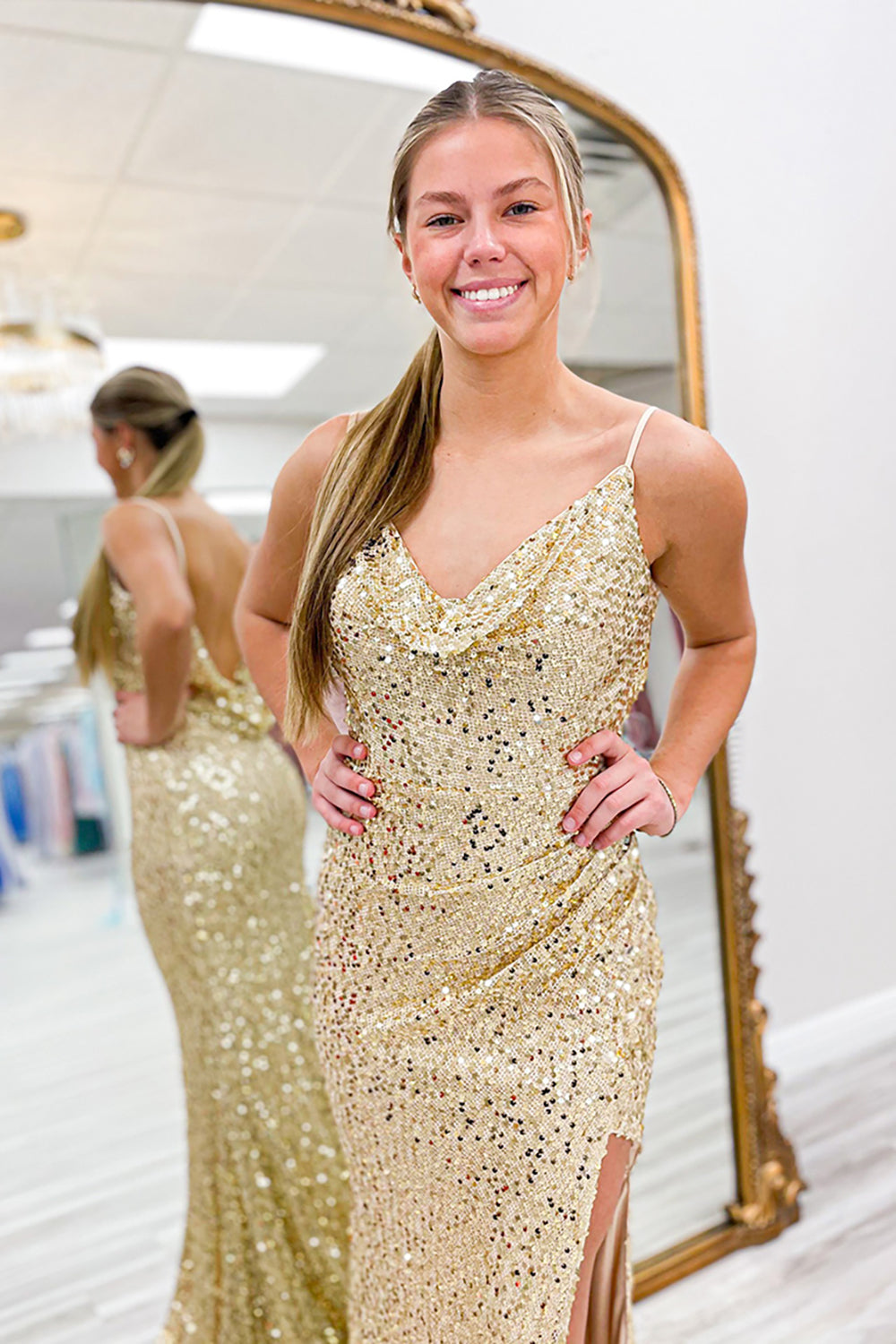 Glitzer Gold Pailletten Spaghettiträger Rückenfrei Langes Abendkleid