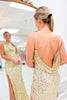 Laden Sie das Bild in den Galerie-Viewer, Glitzer Gold Pailletten Spaghettiträger Rückenfrei Langes Abendkleid
