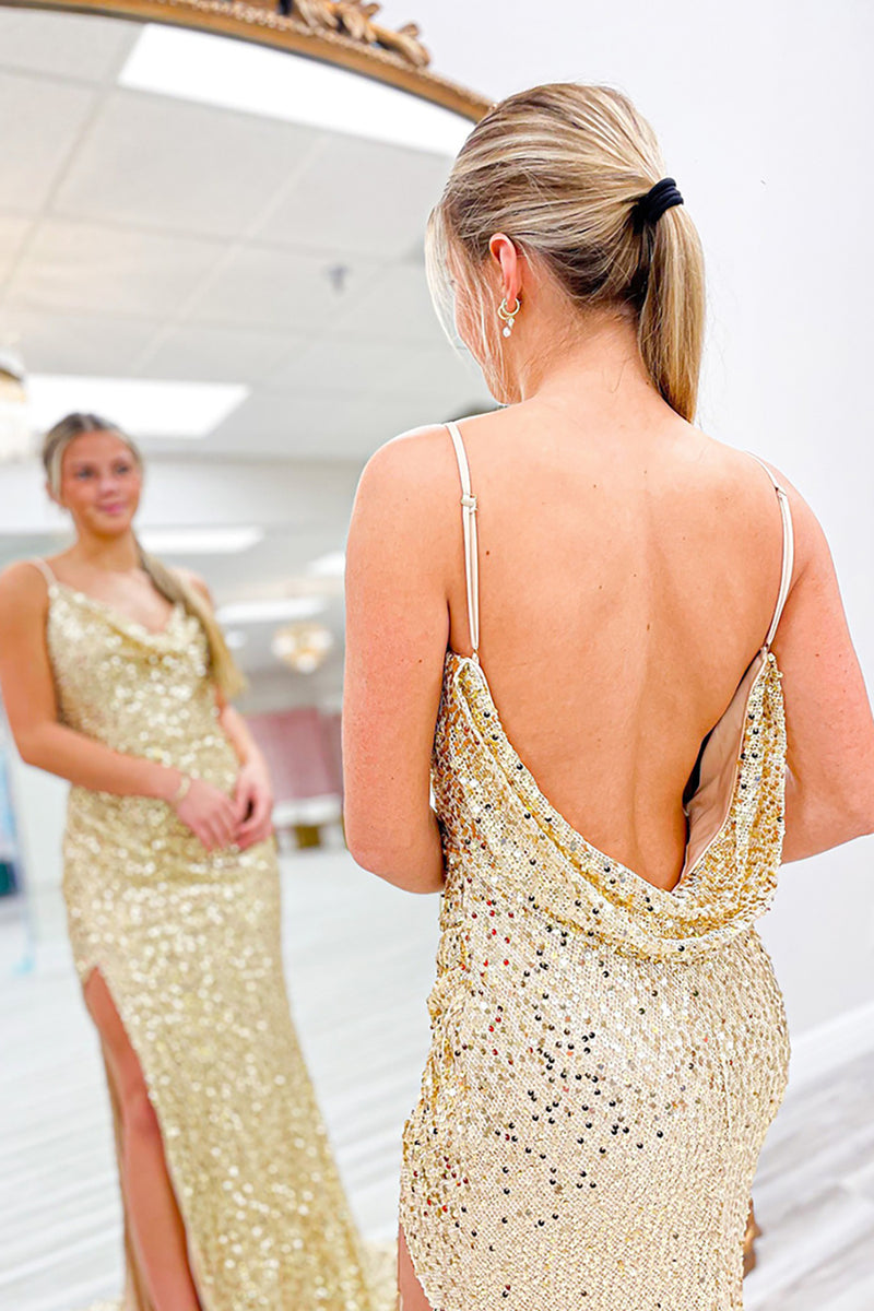 Laden Sie das Bild in den Galerie-Viewer, Glitzer Gold Pailletten Spaghettiträger Rückenfrei Langes Abendkleid