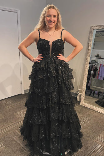 Glitzer Schwarz Korsett Tüll Gestufte Spaghettiträger Langes Abendkleid