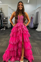 Laden Sie das Bild in den Galerie-Viewer, Glitzer Schwarz Korsett Tüll Gestufte Spaghettiträger Langes Abendkleid