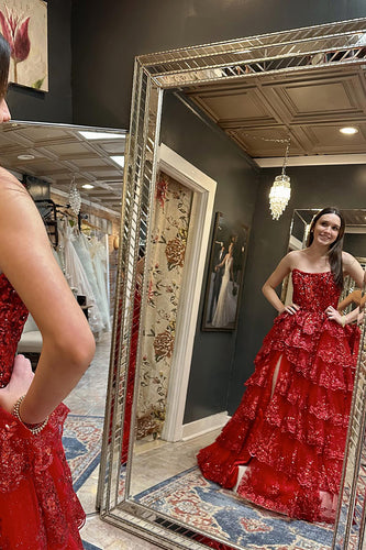 Glitzer Rote Trägerloses Korsett Gestreift Langes Abendkleid mit Schlitz