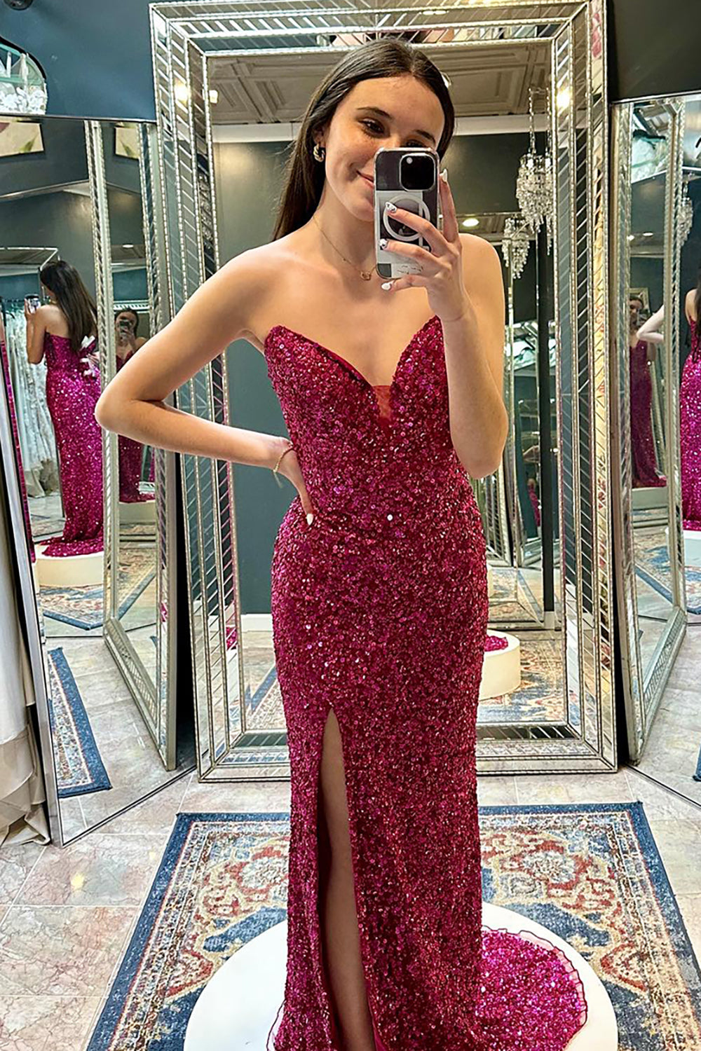 Glitzer Fuchsia Trägerlos Pailletten Langes Abendkleid mit Schlitz