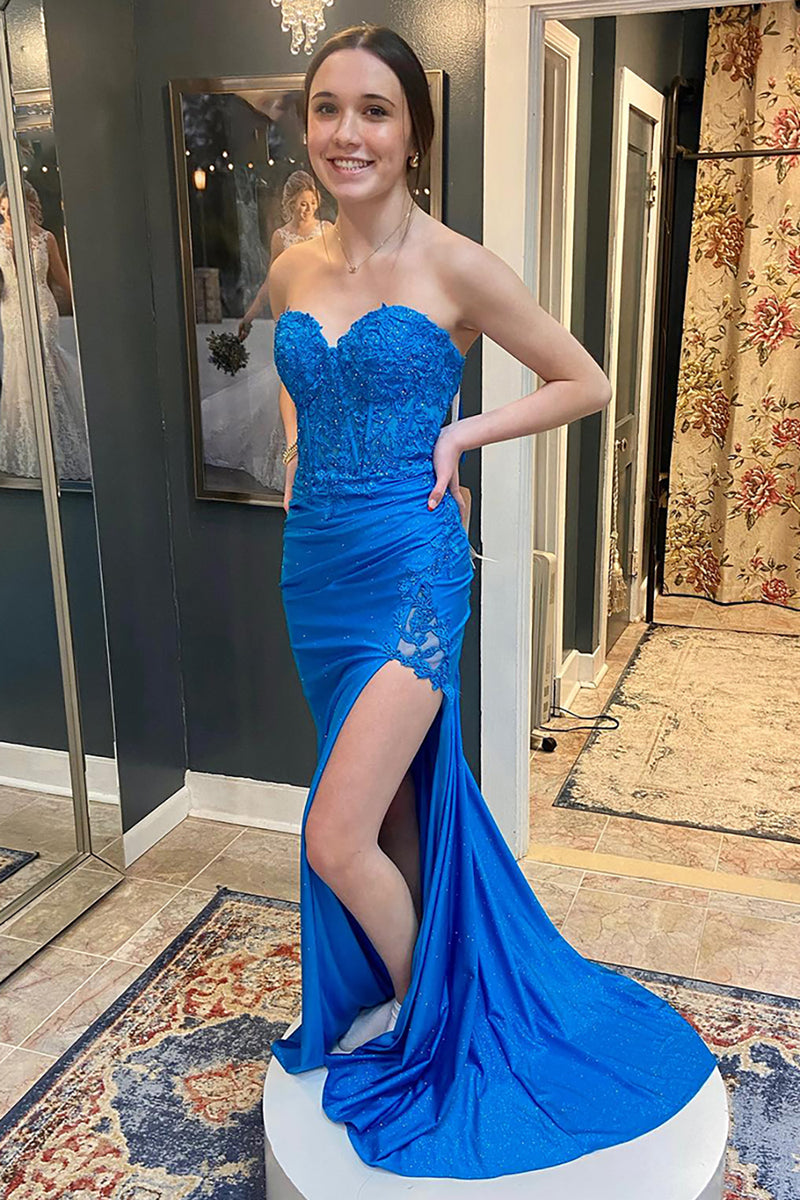 Laden Sie das Bild in den Galerie-Viewer, Glitzer Dunkelgrün Herzausschnitt Blumen Langes Abendkleid mit Schlitz