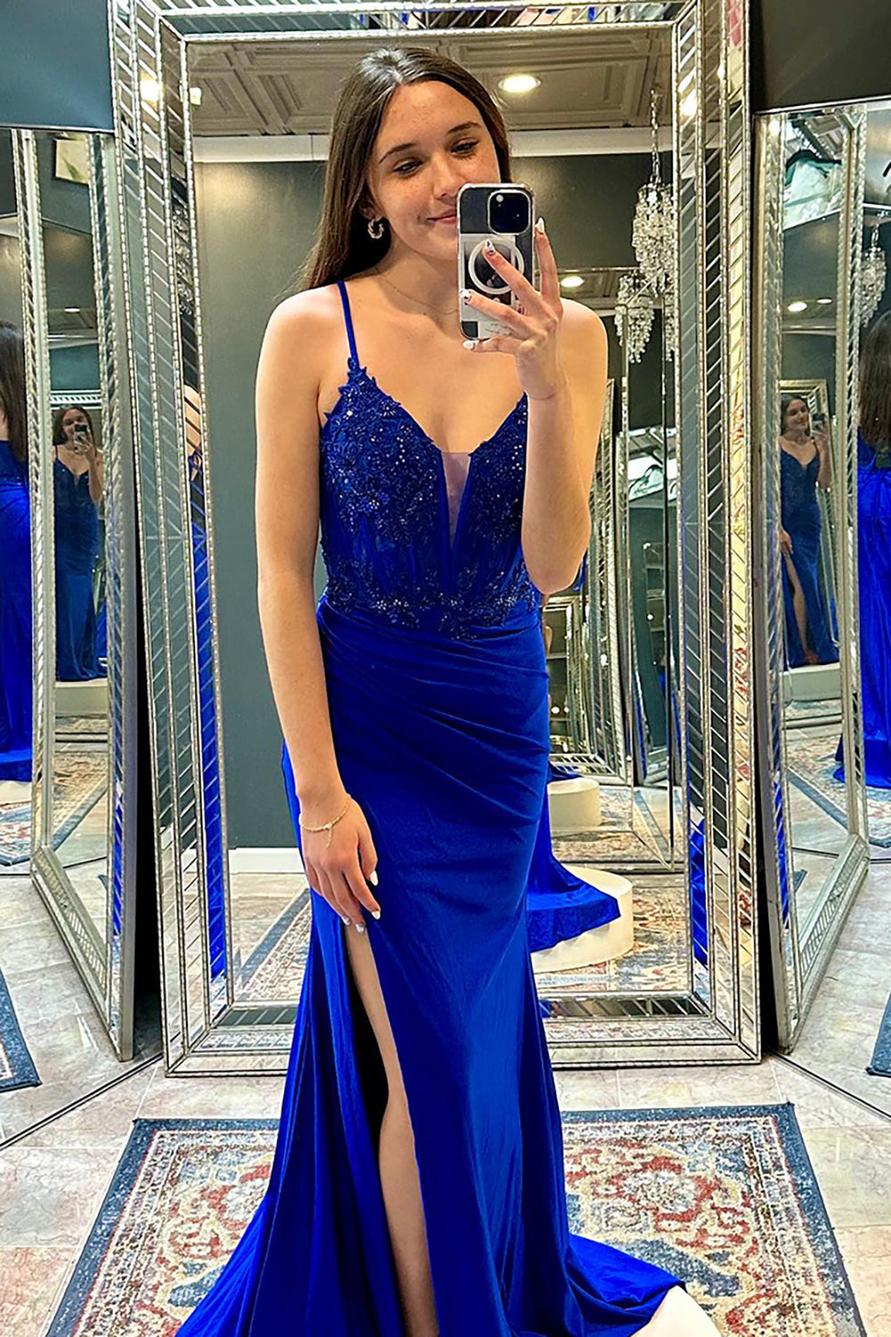 Königsblaues Satin Glitzer Korsett Langes Abendkleid mit Schlitz