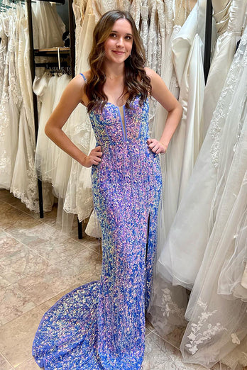 Glitzer Blau Korsett Pailletten Fransen Langes Abendkleid mit Schlitz