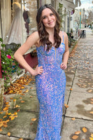 Laden Sie das Bild in den Galerie-Viewer, Glitzer Blau Korsett Pailletten Fransen Langes Abendkleid mit Schlitz