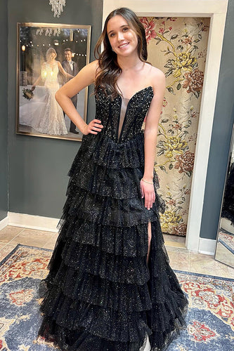 Glitzer Schwarz Trägerlos Tüll Gestreift Langes Abendkleid mit Schlitz