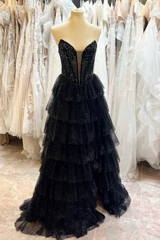 Glitzer Schwarz Trägerlos Tüll Gestreift Langes Abendkleid mit Schlitz
