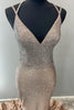 Laden Sie das Bild in den Galerie-Viewer, Glitzer Gold Perlen V-Ausschnitt Satin Langes Abendkleid