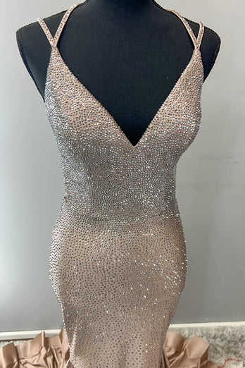 Glitzer Gold Perlen V-Ausschnitt Satin Langes Abendkleid
