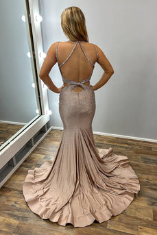Glitzer Gold Perlen V-Ausschnitt Satin Langes Abendkleid