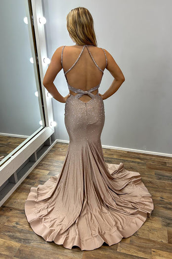 Glitzer Gold Perlen V-Ausschnitt Satin Langes Abendkleid