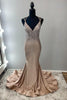 Laden Sie das Bild in den Galerie-Viewer, Glitzer Gold Perlen V-Ausschnitt Satin Langes Abendkleid