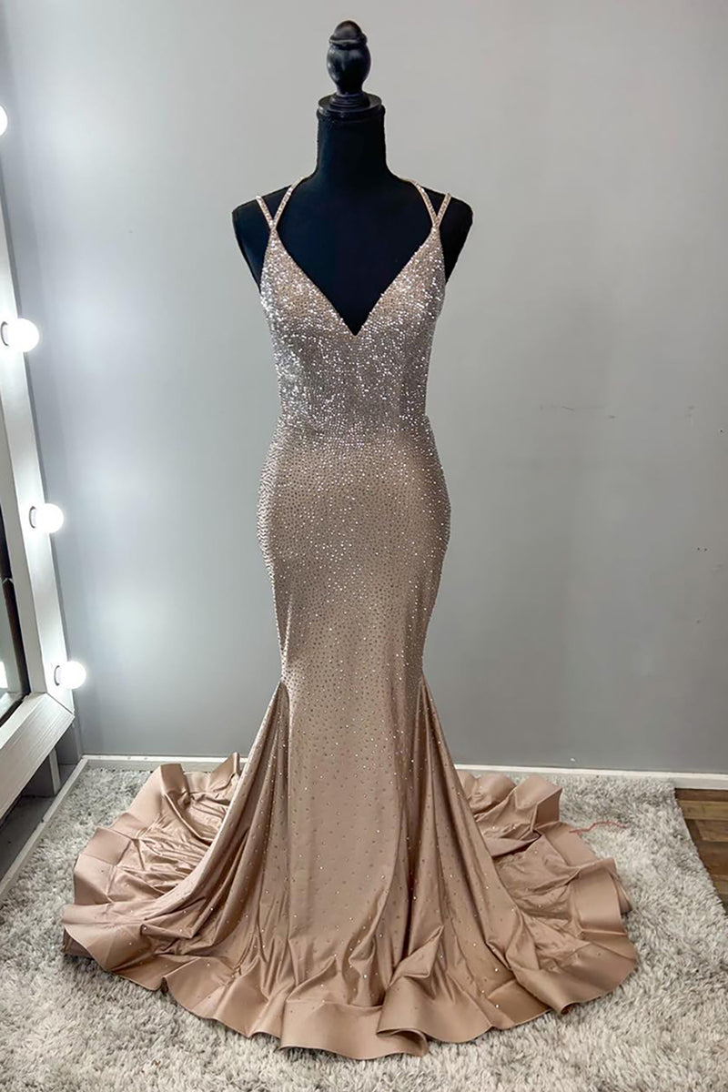 Laden Sie das Bild in den Galerie-Viewer, Glitzer Gold Perlen V-Ausschnitt Satin Langes Abendkleid