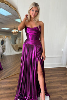 Dunkellila Trägerloses Plissee Langes Korsett Abendkleid mit Schlitz