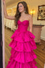 Laden Sie das Bild in den Galerie-Viewer, Fuchsie Satin A Linie Gestaffeltes Herzchen Langes Korsett Abendkleid