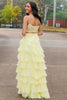 Laden Sie das Bild in den Galerie-Viewer, Blumen Gelb Gestufter Chiffon Langes Korsett Abendkleid mit Schlitz