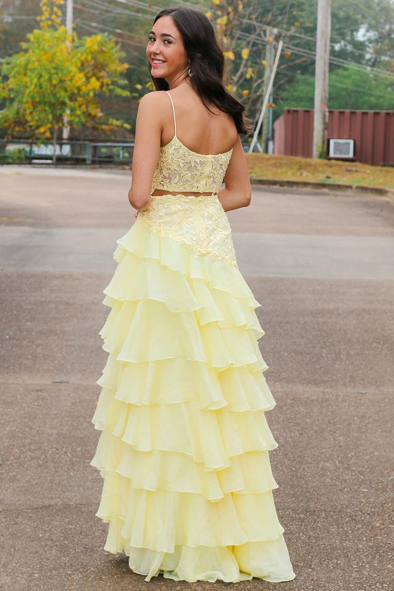 Laden Sie das Bild in den Galerie-Viewer, Blumen Gelb Gestufter Chiffon Langes Korsett Abendkleid mit Schlitz