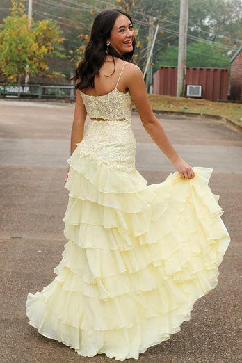 Blumen Gelb Gestufter Chiffon Langes Korsett Abendkleid mit Schlitz