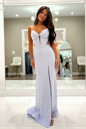 Glitzer Lila Perlen Spaghettiträger Langes Korsett Abendkleid mit Schlitz