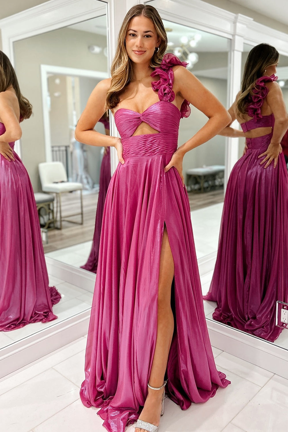 Fuchsia A Linie Eine Schulter Plissee Langes Abendkleid mit Schlitz