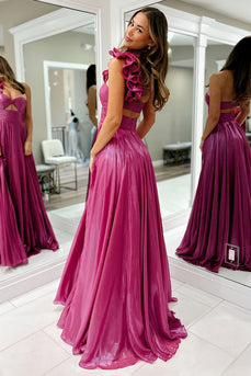 Fuchsia A Linie Eine Schulter Plissee Langes Abendkleid mit Schlitz