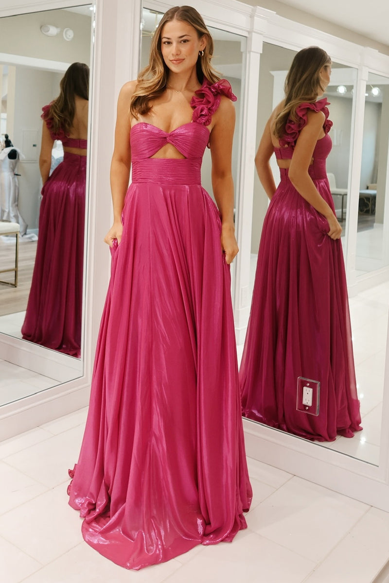 Laden Sie das Bild in den Galerie-Viewer, Fuchsia A Linie Eine Schulter Plissee Langes Abendkleid mit Schlitz