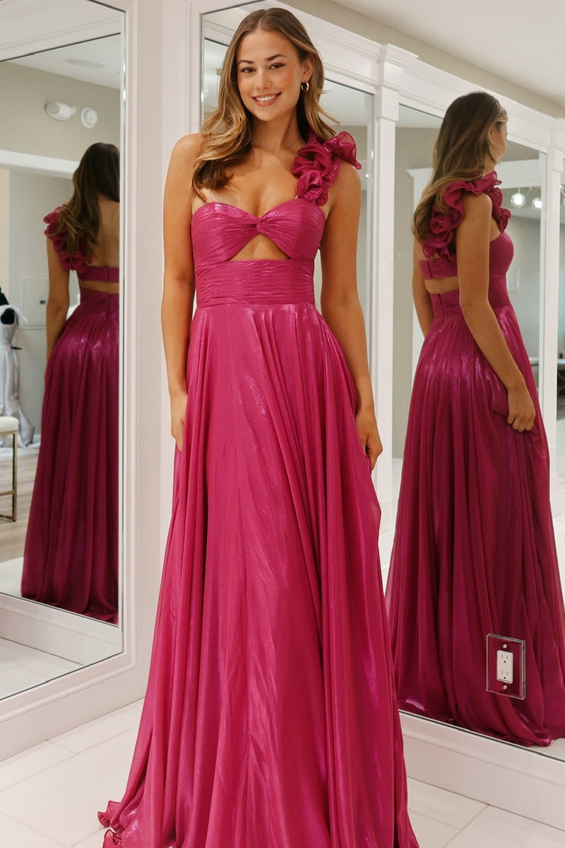 Laden Sie das Bild in den Galerie-Viewer, Fuchsia A Linie Eine Schulter Plissee Langes Abendkleid mit Schlitz