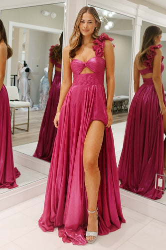 Fuchsia A Linie Eine Schulter Plissee Langes Abendkleid mit Schlitz