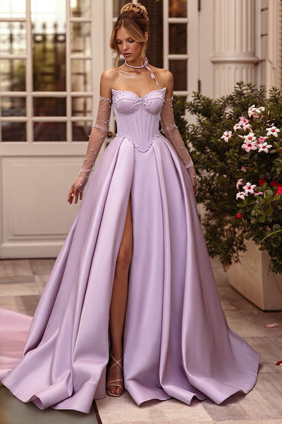 Lila Perle Herzchen A Linie Langes Korsett Abendkleid mit Schlitz