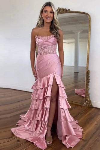 Glitzer Erröten Trägerloses Gestreift Langes Korsett Abendkleid mit Schlitz