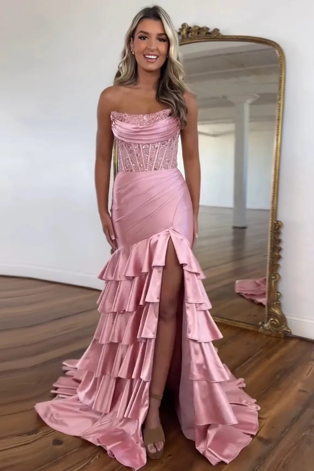 Glitzer Erröten Trägerloses Gestreift Langes Korsett Abendkleid mit Schlitz