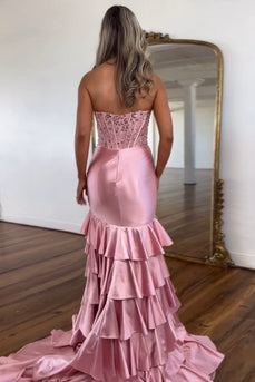 Glitzer Erröten Trägerloses Gestreift Langes Korsett Abendkleid mit Schlitz