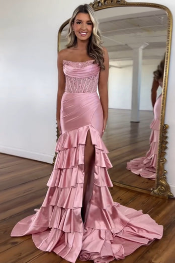 Glitzer Erröten Trägerloses Gestreift Langes Korsett Abendkleid mit Schlitz