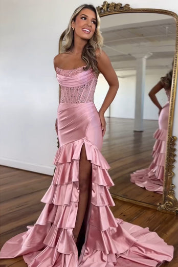 Glitzer Erröten Trägerloses Gestreift Langes Korsett Abendkleid mit Schlitz