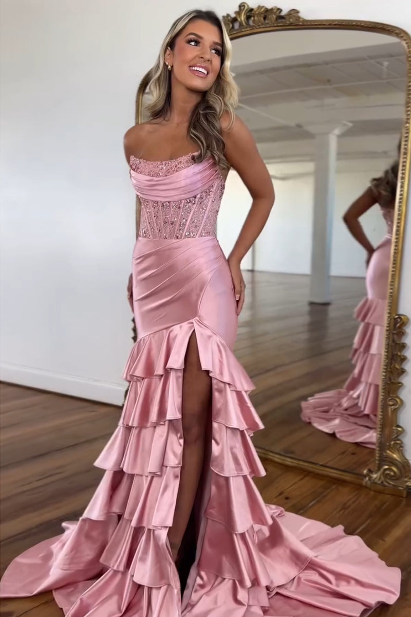 Laden Sie das Bild in den Galerie-Viewer, Glitzer Erröten Trägerloses Gestreift Langes Korsett Abendkleid mit Schlitz