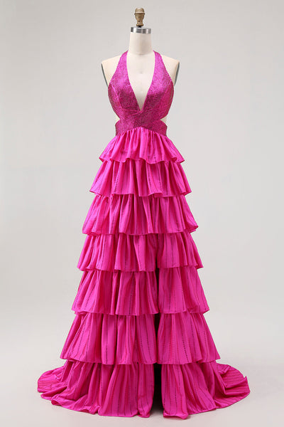 Glitzer Fuchsia Neckholder A Linie Rüschen Lange Ballkleid mit Perlen